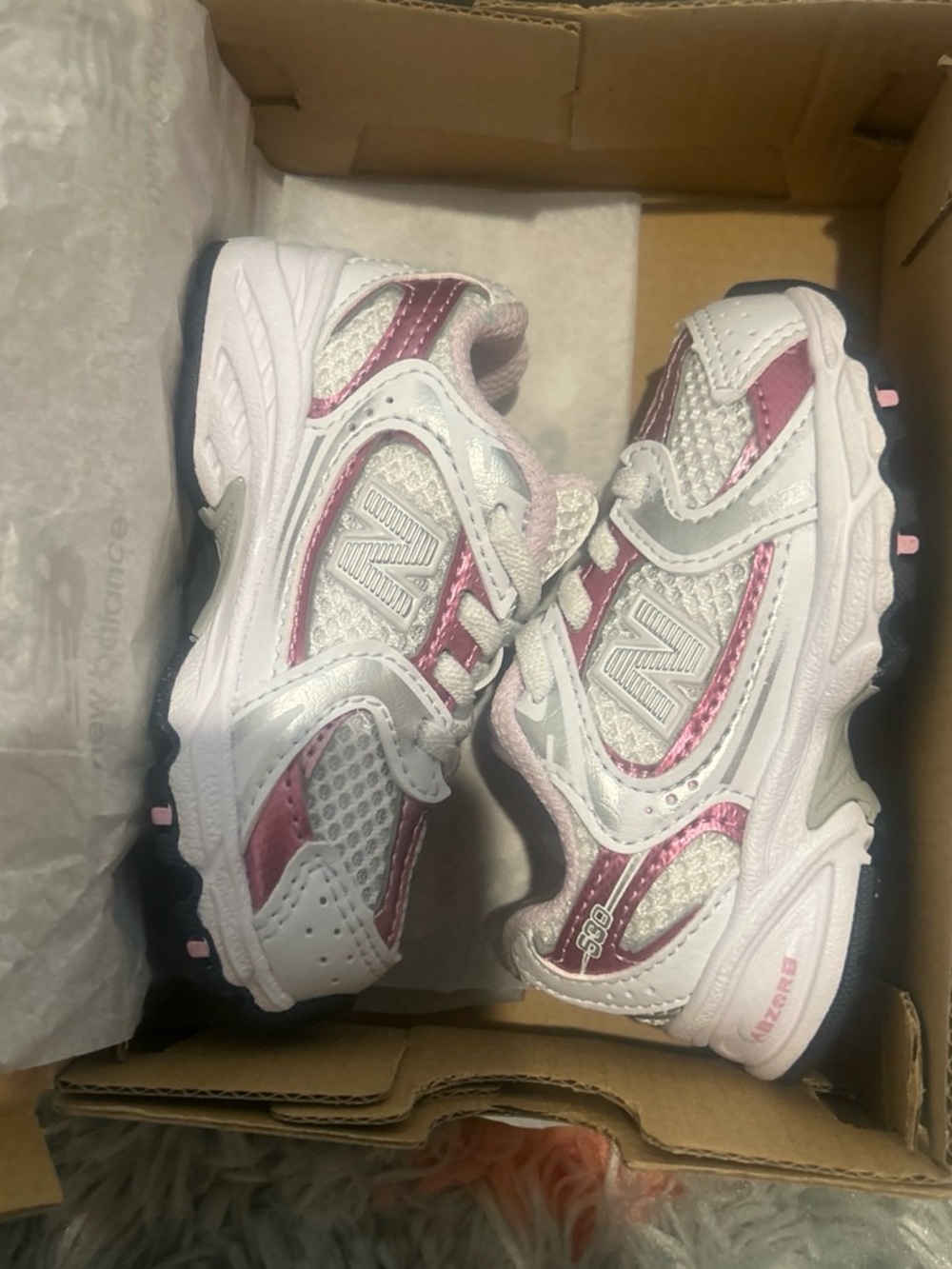 New Balance Kids White and Pink Athletic Sneakers